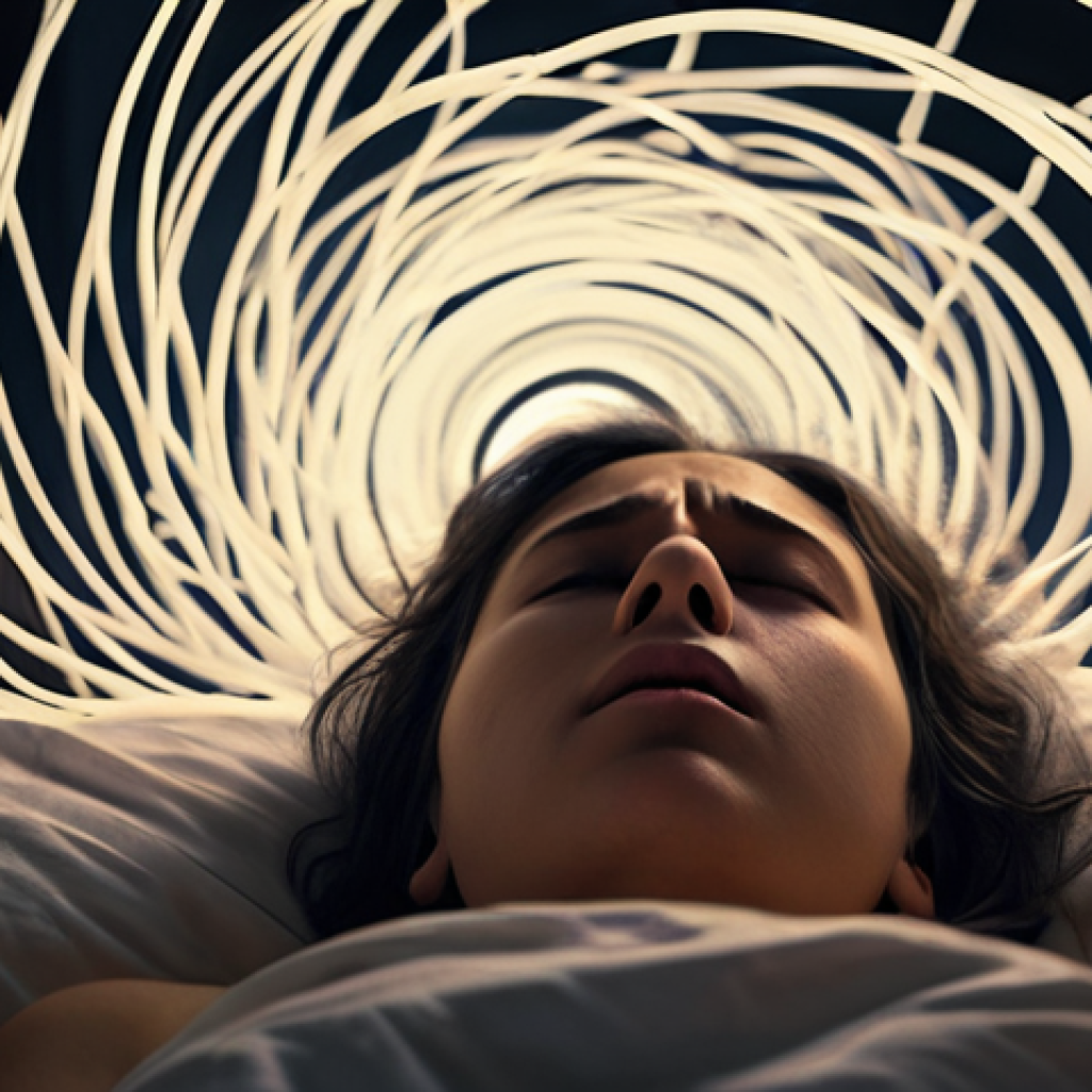 ** A person lies awake in bed in a dim, restless bedroom. Their eyes are open, reflecting exhaustion and frustration. Above their head, a swirling vortex of abstract, chaotic thoughts and worries, depicted as glowing lines and symbols, prevents them from drifting off. A subtle, transparent barrier visually separates the person from a peaceful, sleeping dreamscape in the background, symbolizing the "invisible wall" of insomnia. The overall mood is one of trapped anxiety and mental overactivity.

2.  **Prompt for