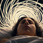 ** A person lies awake in bed in a dim, restless bedroom. Their eyes are open, reflecting exhaustion and frustration. Above their head, a swirling vortex of abstract, chaotic thoughts and worries, depicted as glowing lines and symbols, prevents them from drifting off. A subtle, transparent barrier visually separates the person from a peaceful, sleeping dreamscape in the background, symbolizing the "invisible wall" of insomnia. The overall mood is one of trapped anxiety and mental overactivity.

2.  **Prompt for