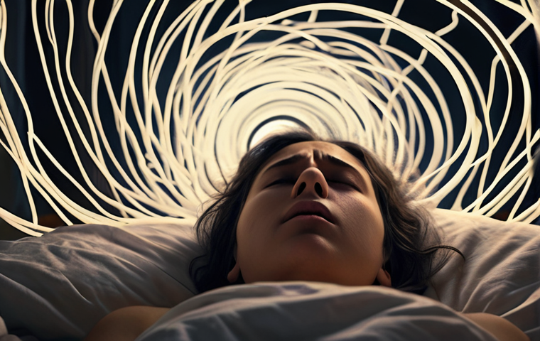 ** A person lies awake in bed in a dim, restless bedroom. Their eyes are open, reflecting exhaustion and frustration. Above their head, a swirling vortex of abstract, chaotic thoughts and worries, depicted as glowing lines and symbols, prevents them from drifting off. A subtle, transparent barrier visually separates the person from a peaceful, sleeping dreamscape in the background, symbolizing the "invisible wall" of insomnia. The overall mood is one of trapped anxiety and mental overactivity.

2.  **Prompt for