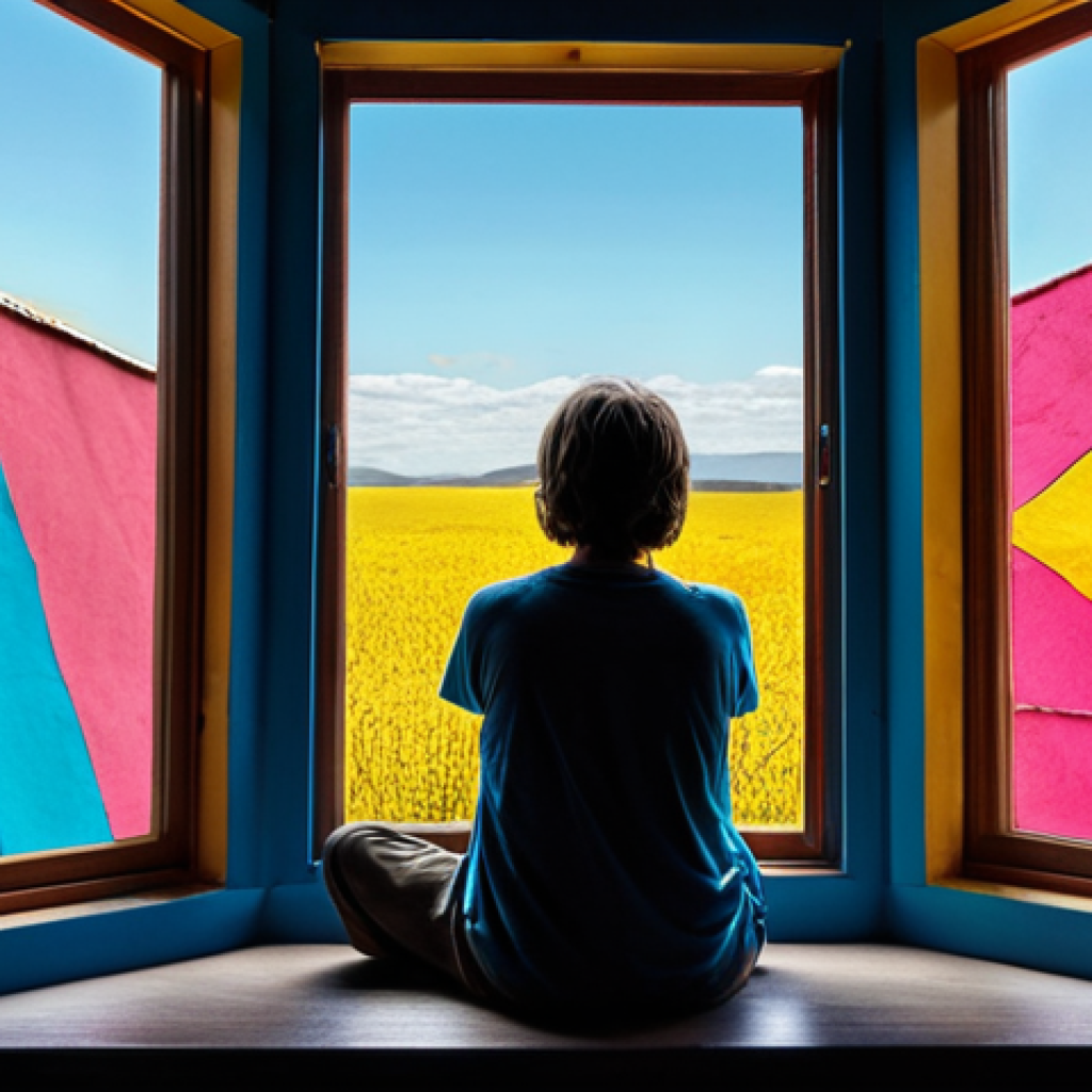 A person sitting in a dark room, weighed down, but a window is opening, revealing a bright, colorful world outside. The overall mood should be hopeful and depict the first step towards recovery.