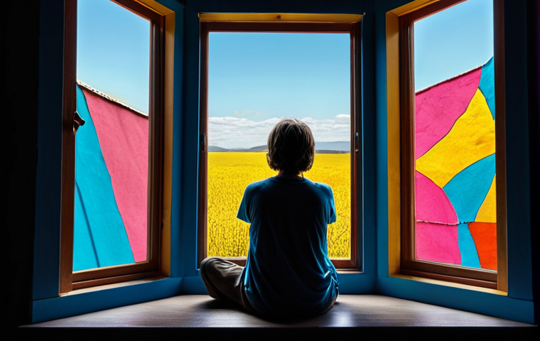 A person sitting in a dark room, weighed down, but a window is opening, revealing a bright, colorful world outside. The overall mood should be hopeful and depict the first step towards recovery.