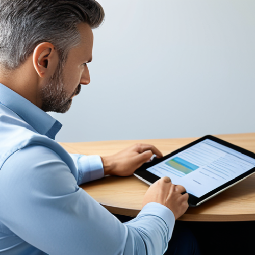 A professional adult individual, fully clothed in modest, smart casual attire, sits calmly at a modern desk, engaging with a digital psychological assessment on a tablet. The setting is a clean, well-lit private office with a minimalist aesthetic. The atmosphere is focused and contemplative. Professional photography, high-resolution, sharp focus, natural lighting. safe for work, appropriate content, fully clothed, professional, perfect anatomy, correct proportions, natural pose, well-formed hands, proper finger count, natural body proportions.