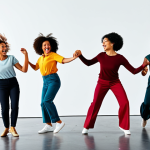 스트레스 해소 운동 - **Dancing:** "A group of fully clothed women of diverse backgrounds joyfully dancing in a well-lit s...