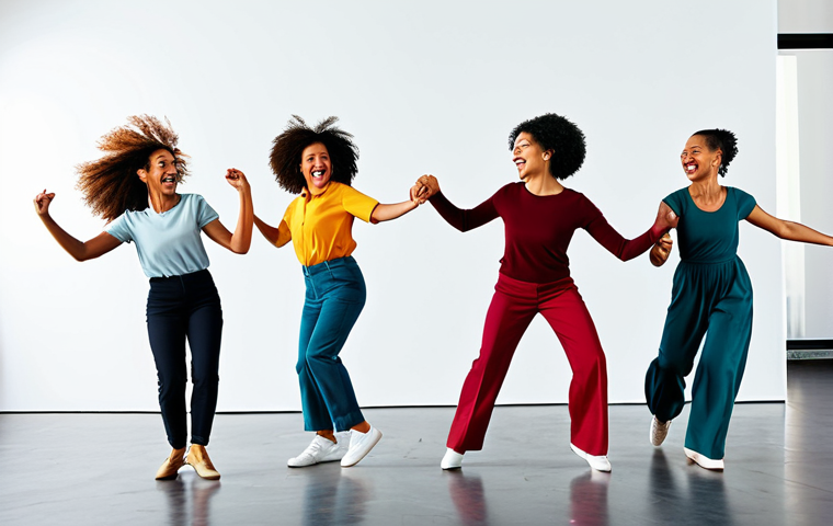 스트레스 해소 운동 - **Dancing:** "A group of fully clothed women of diverse backgrounds joyfully dancing in a well-lit s...