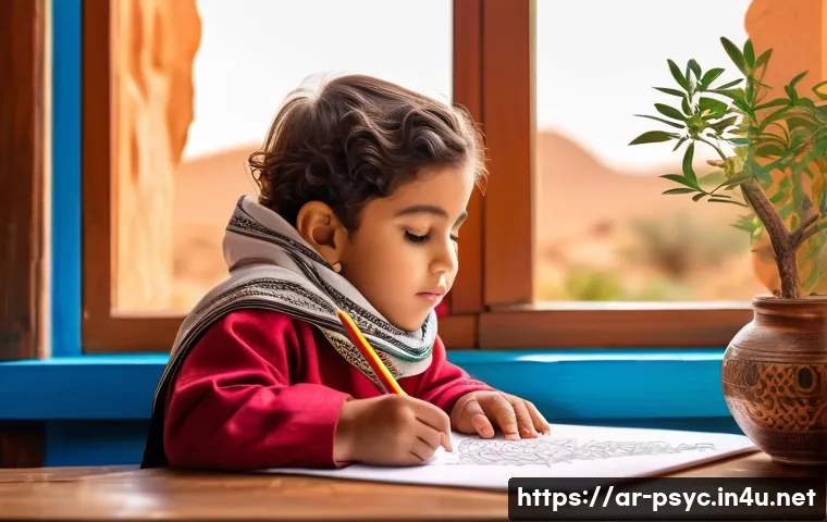 정신과 심리검사 종류 - A detailed scene showing a Middle Eastern child wearing a traditional white thobe and a colorful kef...