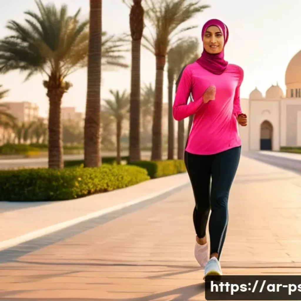 우울증 치료를 위한 운동법 - A vibrant outdoor scene of an Arab woman in modest athletic wear jogging along a palm-lined promenad...