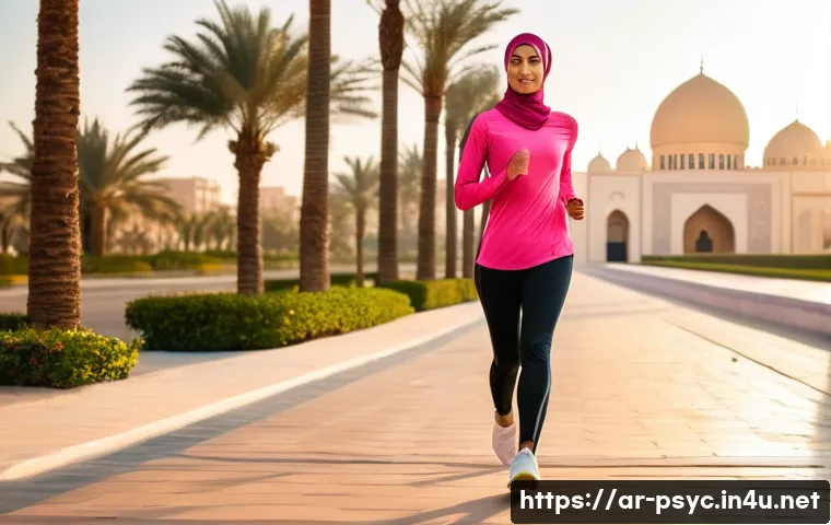 우울증 치료를 위한 운동법 - A vibrant outdoor scene of an Arab woman in modest athletic wear jogging along a palm-lined promenad...