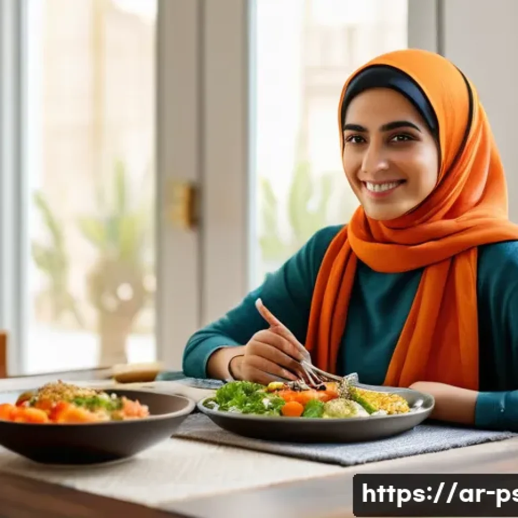 정신건강과 영양의 관계 - A serene Middle Eastern woman sitting at a traditional low dining table in a warmly lit home, enjoyi...