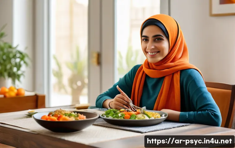 정신건강과 영양의 관계 - A serene Middle Eastern woman sitting at a traditional low dining table in a warmly lit home, enjoyi...