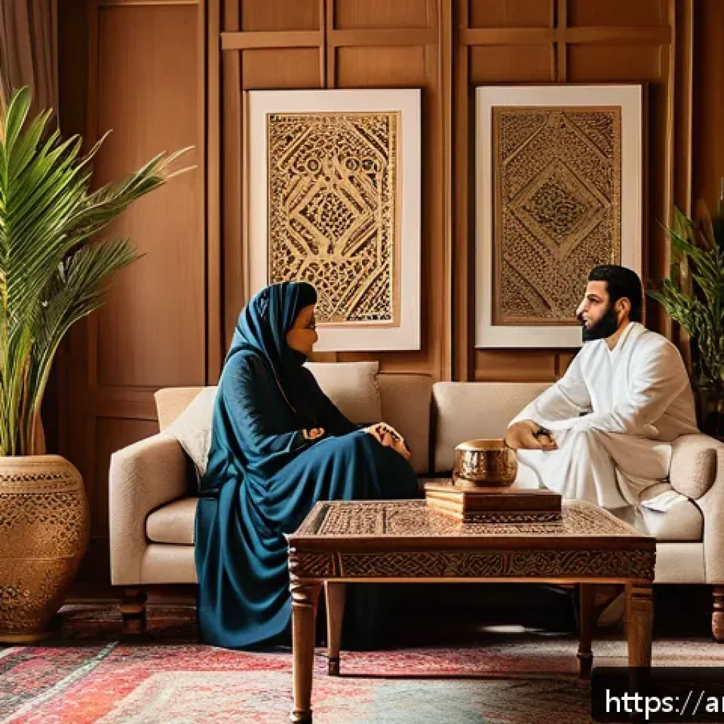 정신과 상담 주기 - A serene and culturally authentic Arabic mental health counseling room featuring a middle-aged Arab ...