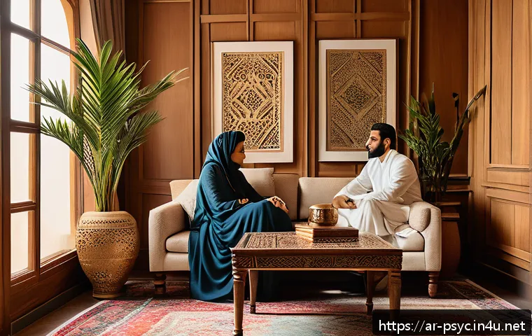 정신과 상담 주기 - A serene and culturally authentic Arabic mental health counseling room featuring a middle-aged Arab ...