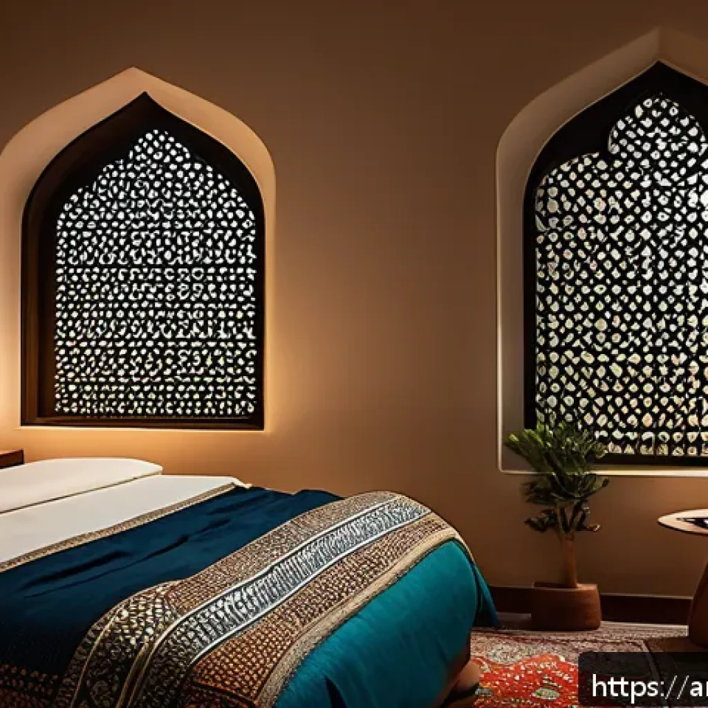불면증과 스트레스의 관계 - A serene Middle Eastern bedroom setting at night, designed to enhance restful sleep for an Arabic-sp...