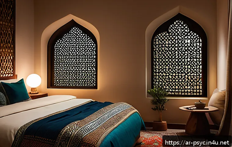 불면증과 스트레스의 관계 - A serene Middle Eastern bedroom setting at night, designed to enhance restful sleep for an Arabic-sp...