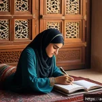 우울증 자가 진단법 - A thoughtful Middle Eastern woman sitting at a traditional wooden desk in a warmly lit room, journal...