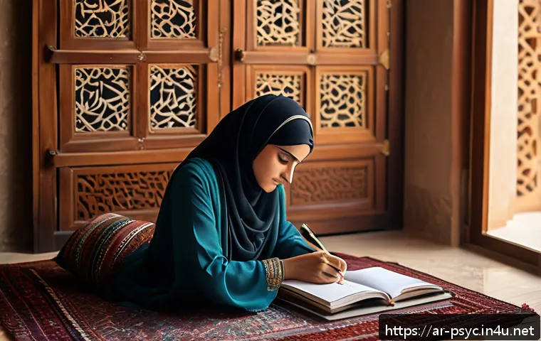 우울증 자가 진단법 - A thoughtful Middle Eastern woman sitting at a traditional wooden desk in a warmly lit room, journal...