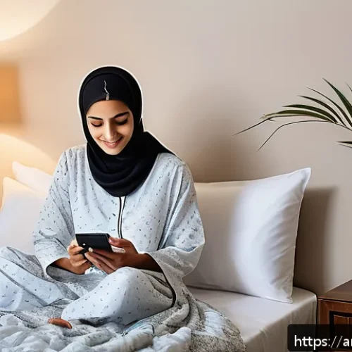 우울증 재발 방지법 - A serene bedroom scene featuring an Arab adult woman preparing for sleep in modest pajamas, with a t...