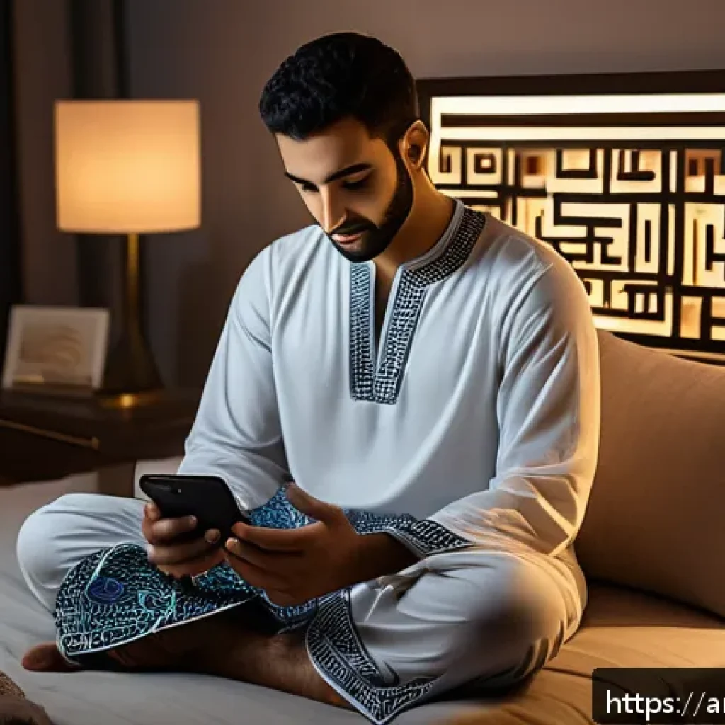 수면장애 진단 과정 - A cozy bedroom scene at night showcasing a Middle Eastern man in modest sleepwear sitting on the edg...