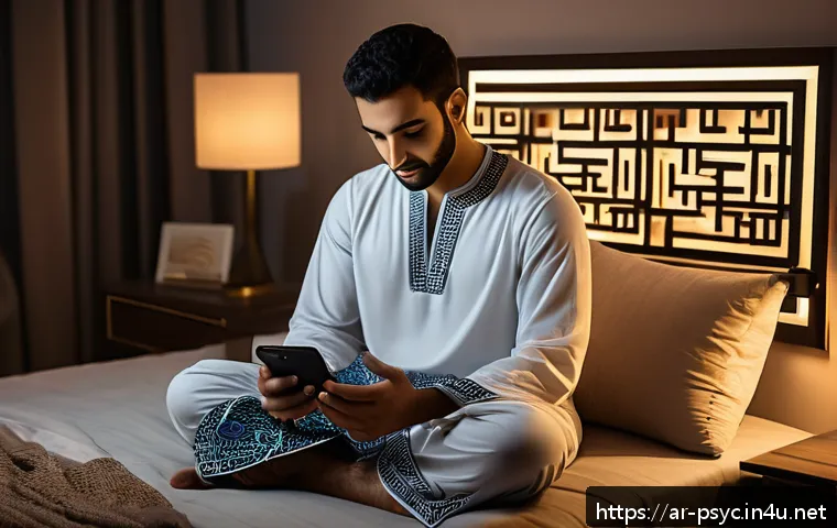 수면장애 진단 과정 - A cozy bedroom scene at night showcasing a Middle Eastern man in modest sleepwear sitting on the edg...