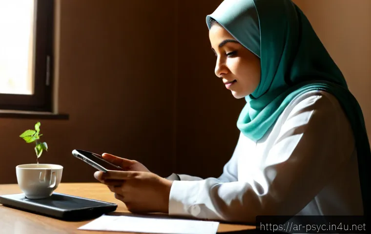 정신건강 자가 테스트 - Photorealistic Arab woman in a modest hijab sitting at a tidy sunlit home desk, thoughtfully complet...
