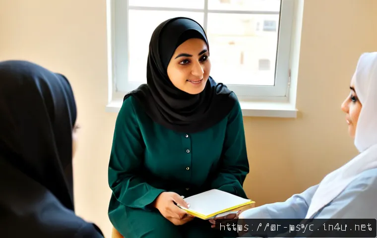 우울증 상담 후기 - Photorealistic mental health counseling session in a calm modern clinic, Arab woman in modest hijab ...