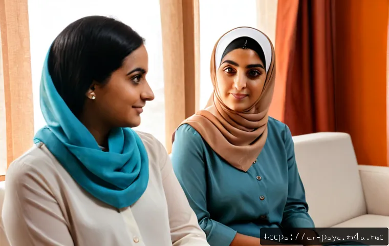 사회불안장애 치료 후기 - Photorealistic mental health counseling session in a calm modern clinic in an Arab city, a modestly ...
