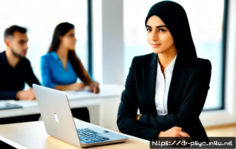 사회불안장애와 직장생활 - Photorealistic Arab professional in modest business attire sitting quietly at a modern office desk, ...