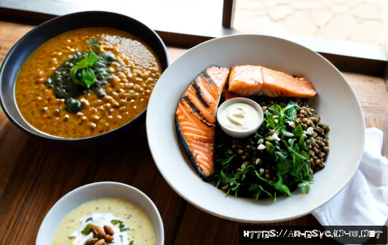 우울증 환자를 위한 음식 - Photorealistic overhead view of a nourishing Middle Eastern meal for emotional wellness: grilled sal...